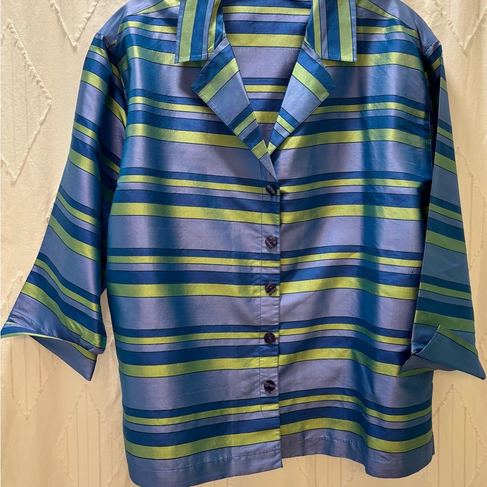 Preston & York Blue and Green Striped Silk Shirt - Picture 1 of 5